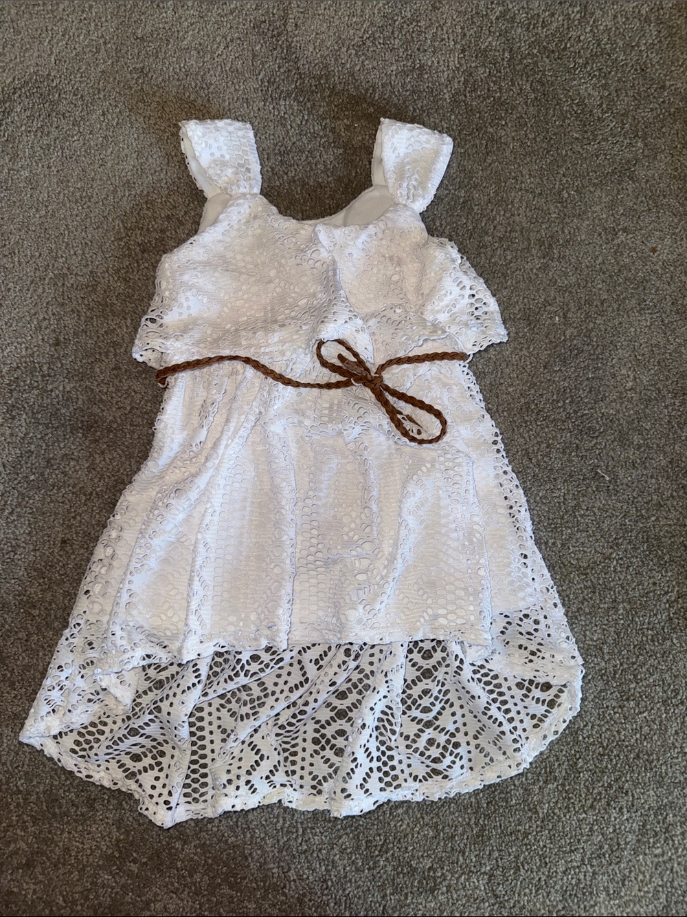 Youngland White Eyelet Dress with Brown Braided Belt